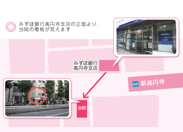 みずほ銀行高円寺支店の正面より、当院の看板が見えます